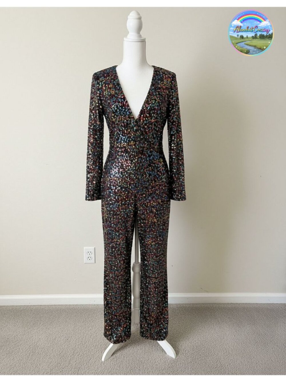 Women's Sparkly V-Neck Long Sleeve Jumpsuit with Belt Party Clubwear
